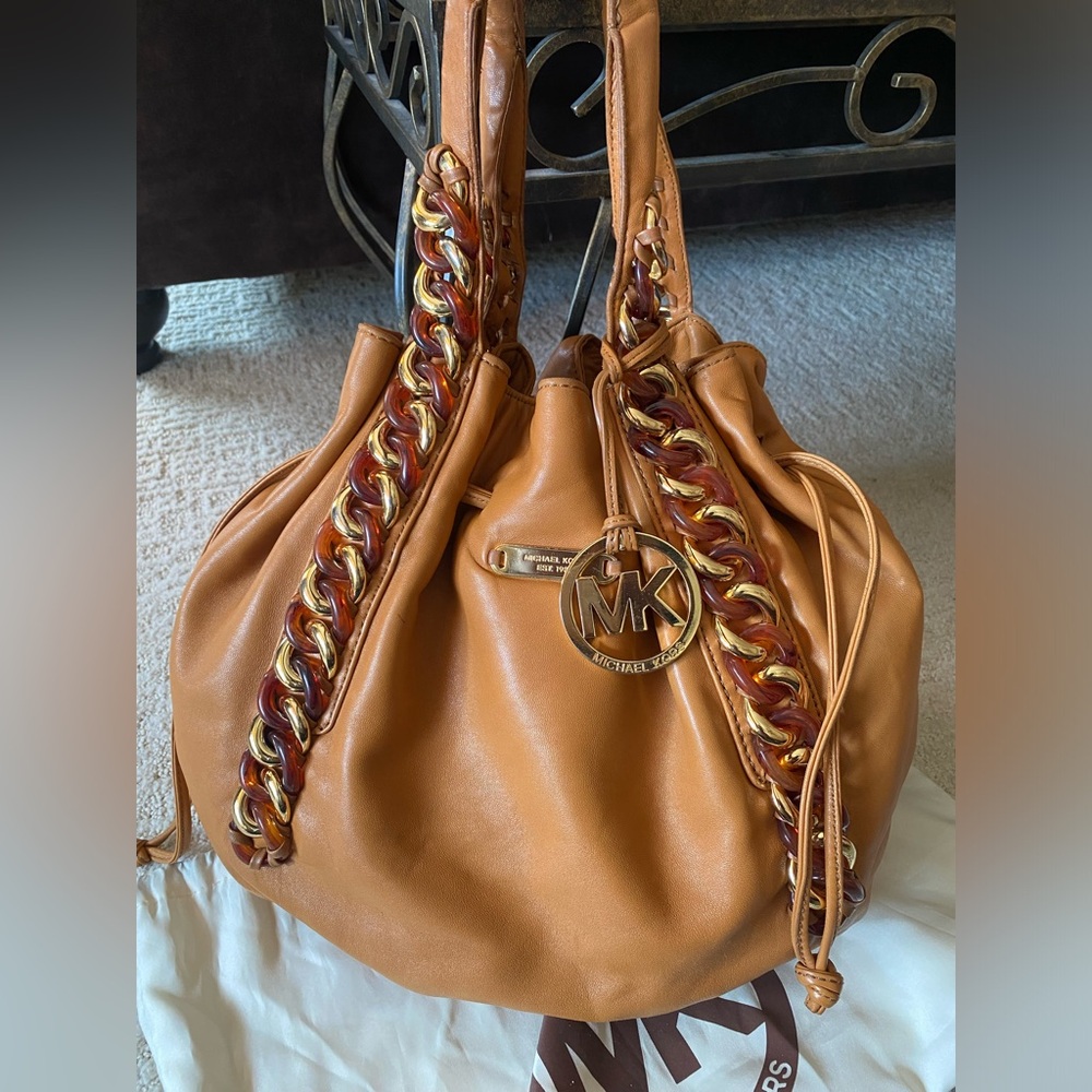 Michael Kors ID Chain large North/South drawstring leather tote.